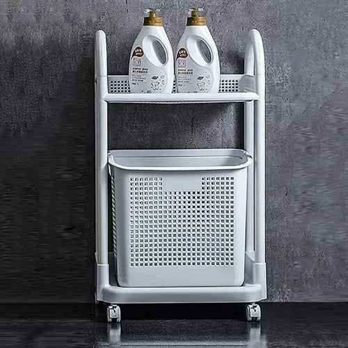 2-Tier Laundry basket Organizer Cart Plastic Trolley Shelf Rack with Laundry Storage Basket Perfect for Kitchen Bathroom Laundry