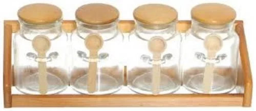 4 Pieces Glass Spices Jars Set With Wood Spoon and Wood Stand