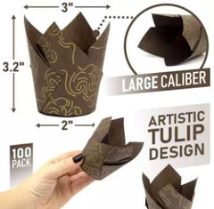 Brown Tulip Cupcake Liners with Golden Model – 100 Standard size of Tulip Cupcake Wrappers Made from Premium Greaseproof Paper with Golden Model – Perfect Muffin Baking Cups for Every Festive Occasion