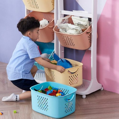 Home DIY 2- 3 Layer Storage Rack Wheels Plastic Bins Kids Toy Storage Organizer With Plastic Bins