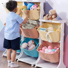 Home DIY 2- 3 Layer Storage Rack Wheels Plastic Bins Kids Toy Storage Organizer With Plastic Bins