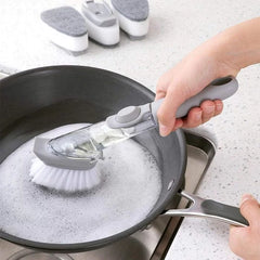 Liquid Soap Dishwashing Brush Scrubber – Kitchen Pot Cleaner Tool Handle Sponge with Wok Brush