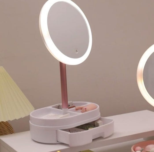 LED Lighted Vanity Mirror Cosmetic & Jewelry Organizer Makeup Mirror with Light Adjustable Angles