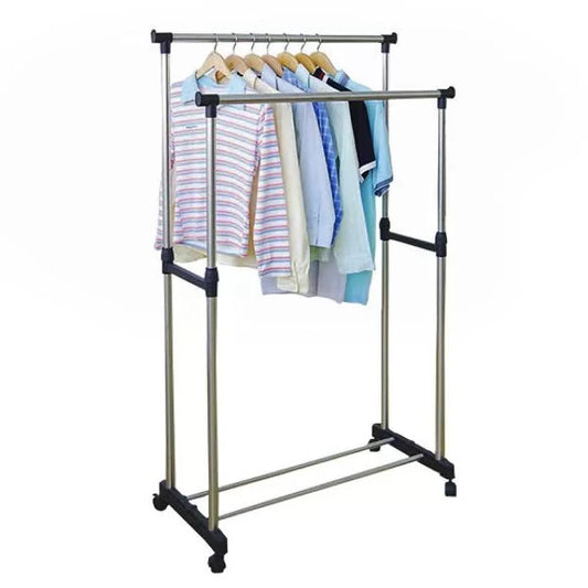 Adjustable Portable Double Pole Coat Clothes Garment Hanging Rack Rolling Organizer with Wheels 6806