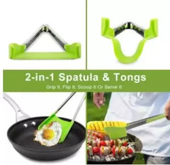 2 in 1 Clever Tongs Non Stick Heat Resistant Kitchen Spatula with Stainless Steel Frame and Heat Resistant Silicone Tong.