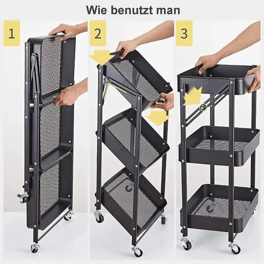 3-Tier Foldable Storage Trolley Metal Rolling Cart with Mesh Basket Utility – Organizer Rack with Lockable Wheels for Kitchen Bathroom Laundry Bedroom