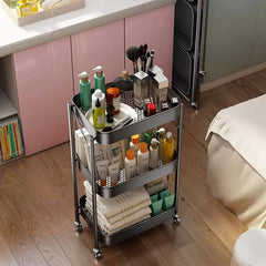 3-Tier Foldable Storage Trolley Metal Rolling Cart with Mesh Basket Utility – Organizer Rack with Lockable Wheels for Kitchen Bathroom Laundry Bedroom
