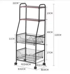 4 Tier Metal Kitchen Rack Rolling Utility Cart Trolley with Wooden Shelf for Microwave Oven Plate Organizer Fruit Vegetable Storage Basket