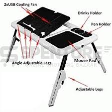 E Table – Foldable & Portable Laptop Stand, 2 USB Cooling Fans, Multipurpose Adjustable Table, Study Table, Laptop Table