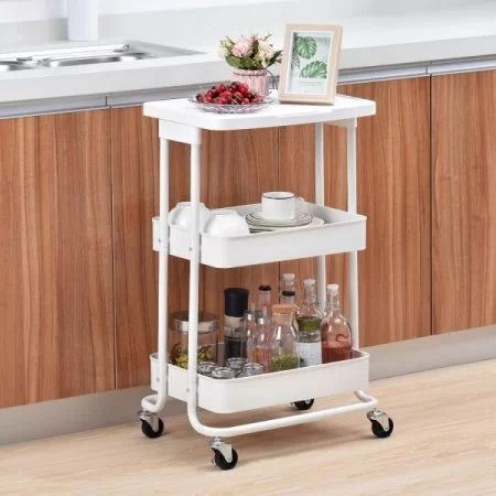 Kitchen Storage Trolley 3-Tier Metal Table Top Serving Rolling Cart, Mobile Rack Organizer with Locking Wheels, Standing Shelf Laptop Desk for Kitchen Home Office