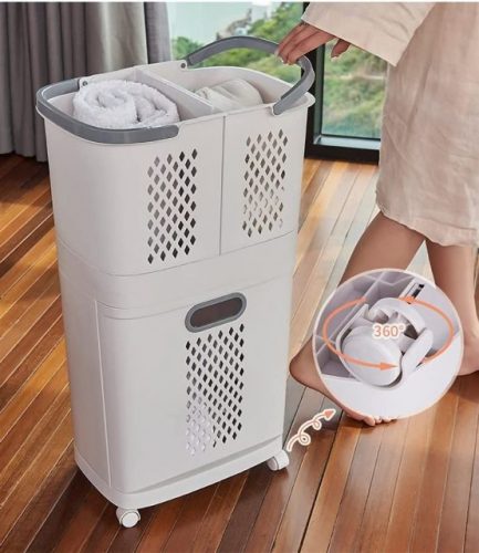 Laundry Baskets with Wheels Trolley Laundry Collector 2 Layers with 3 Storage Baskets for Bedroom Bathroom