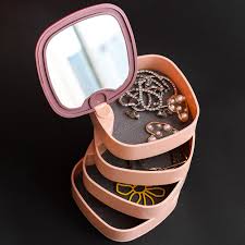 Rotating Jewelry Box Mirror 4 Shelf Layer Storage with Mirror Cosmetics Tray Organizer for Necklace Bracelet Ring