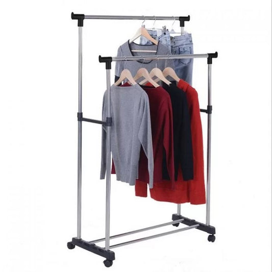 Adjustable Portable Double Pole Coat Clothes Garment Hanging Rack Rolling Organizer with Wheels 6806