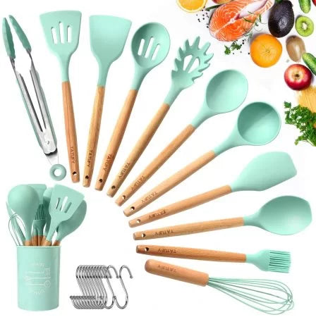 Kitchen Utensil Set 11 PCS Cooking Utensils With Plastic Utensil Holder, Non-stick Silicone and Heat Resistant Wooden Utensils.