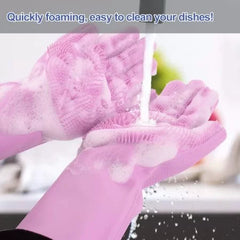 Magic Dish washing Gloves with scrubber, Silicone Cleaning Reusable Scrub Gloves for Wash Dish,Kitchen, Bathroom(1 Pair: Right + Left Hand)