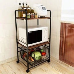 Kitchen Baker’s Rack, 3 Tier Wire Shelving Storage Shelf Microwave Oven Stand Spice Rack Organizer Utility Rolling Cart with Wood Shelves and Metal Wire Baskets for Home Kitchen Storage