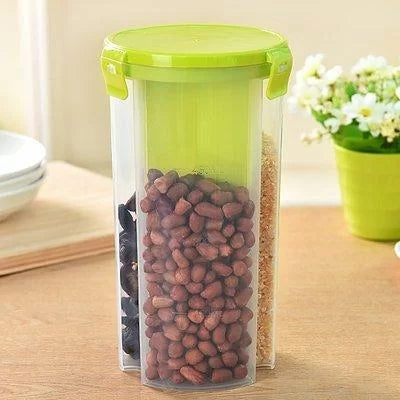 Transparent Plastic Lock Food Storage Dispenser Airtight Container Jar for Cereals, Snacks, Pulses -3 section
