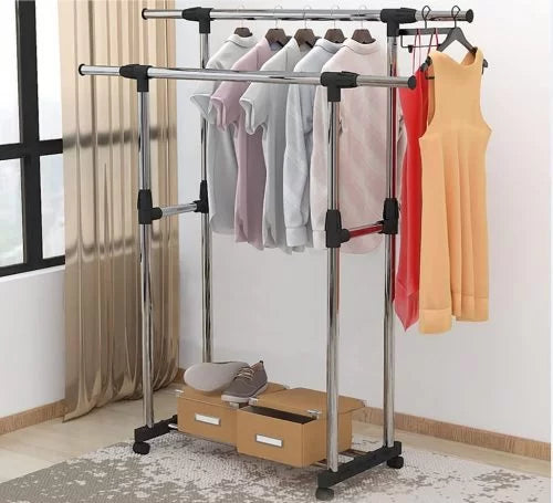 Adjustable Portable Double Pole Coat Clothes Garment Hanging Rack Rolling Organizer Display with Wheels