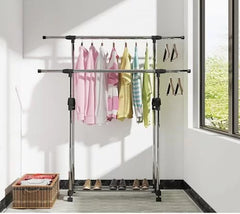 Adjustable Portable Double Pole Coat Clothes Garment Hanging Rack Rolling Organizer Display with Wheels