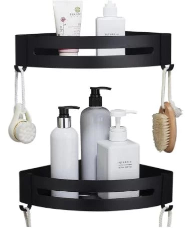 Aluminum Bathroom Shelf Cosmetic Rack In Wall Corner Tub Basket With Hook Storage Bathroom Shelf Black