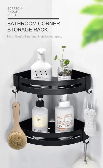 Aluminum Bathroom Shelf Cosmetic Rack In Wall Corner Tub Basket With Hook Storage Bathroom Shelf Black