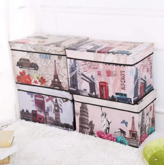 Collapsible Storage Container Organizer Box Stool with Lid, Waterproof Print Design for Home Bedroom Clothes Toys