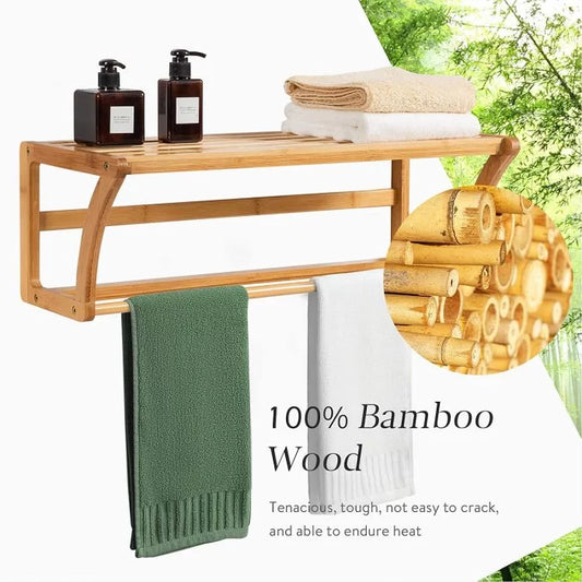 Bamboo Storage Towel Shelf, Wall Mount Bathroom Shelf with Towel Bars, for Bathroom & Household Items