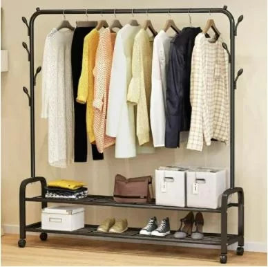 Black Color Clothes Dryer Rack with 2 Layer Shoes Racks Shelves / Removable Coat Dress Hanger Stand with Wheels