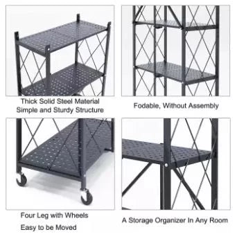Folding Metal Storage Shelves Without Assembly, Collapsible 3/4/5 Tiers Book Shelves, Large Loading Capacity