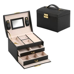 Jewelry Organizer Lockable with Keys and Mirror Carrying with Handle Travel Storage Box (Black)