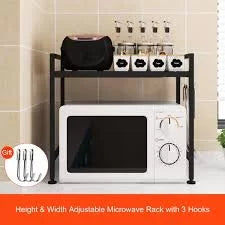 Expandable and Height Adjustable 2-Tier Kitchen Counter Microwave Shelf Organizer with 3 Hooks