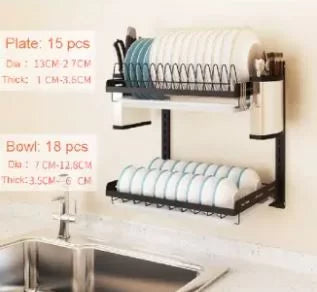 Kitchen Dish Rack Hanging Drying Plate Organizer Storage Shelf over the Sink, Wall Mount Bowl Holder with Drain Tray And 3 Hooks