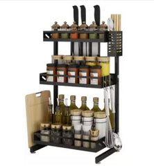 3 Tier Metal Countertop Kitchen Spice Rack Standing Corner Shelf Removable Seasoning Organizer Jars Bottle Storage Knife Utensils Holder with 3 Hooks, Black