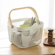 Metal Food Storage Basket With Wood Handle Kitchen Bathroom Draining Fruit Vegetables Sundries Gadget