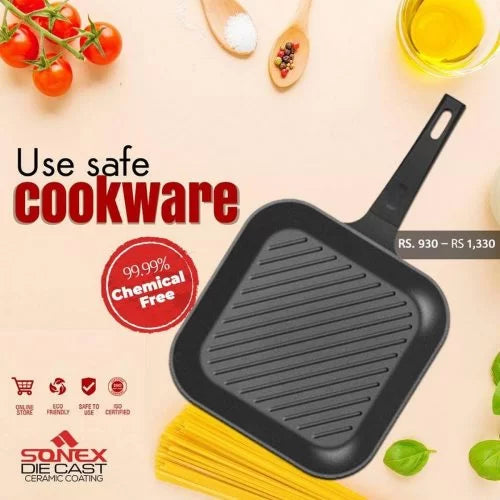 SONEX Non-Stick GRILL PAN Die Cast Ceramic Coating – 28cm – Black