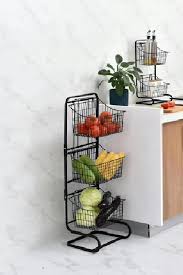 3-Tier Wire Basket Stand – Snack Fruit Vegetable Produce Metal Hanging Storage Bin for Kitchen Pantry – Free-Standing or Stacking Organizer
