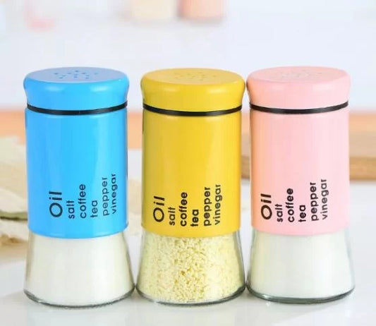 Spice Jar Sugar Salt Storage Container Seasoning Pots with Adjustable Pour Holes Stainless Steel & Glass Jar (1Pc)