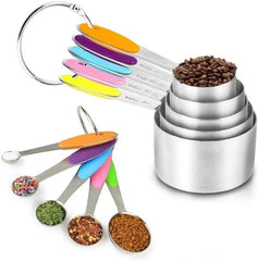 Stainless Steel 10 Pieces Measuring Spoon and Cup Set 10-Piece With Colored Soft Silicone Handles
