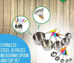 Stainless Steel 10 Pieces Measuring Spoon and Cup Set 10-Piece With Colored Soft Silicone Handles