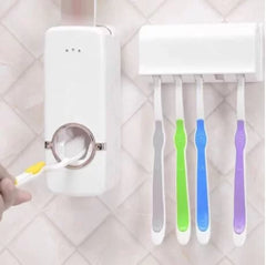 Toothpaste Dispenser Automatic Squeezer Wall Mount Toothbrush Holder Bathroom Storage Rack, White