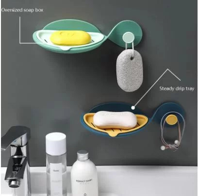 Bathroom Fish Shape Soap Holder Wall Mounted Plastic Double Layer Shelf Sticky Tray Soap Storage Box