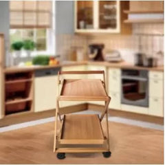 Wooden Bamboo Serving Tea Trolley Foldable 2 Tiers Kitchen Trolley