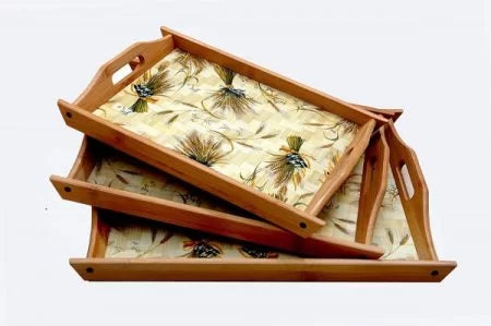 Premium Quality Set of 3 Bamboo Wooden Printed Trays