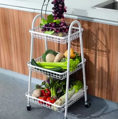 Kitchen Vegetable Fruit Utensils Storage Trolley 3-Tier Metal Serving Rolling Cart, Mobile Rack Organizer with Locking Wheels, Standing Shelf for Home Kitchen